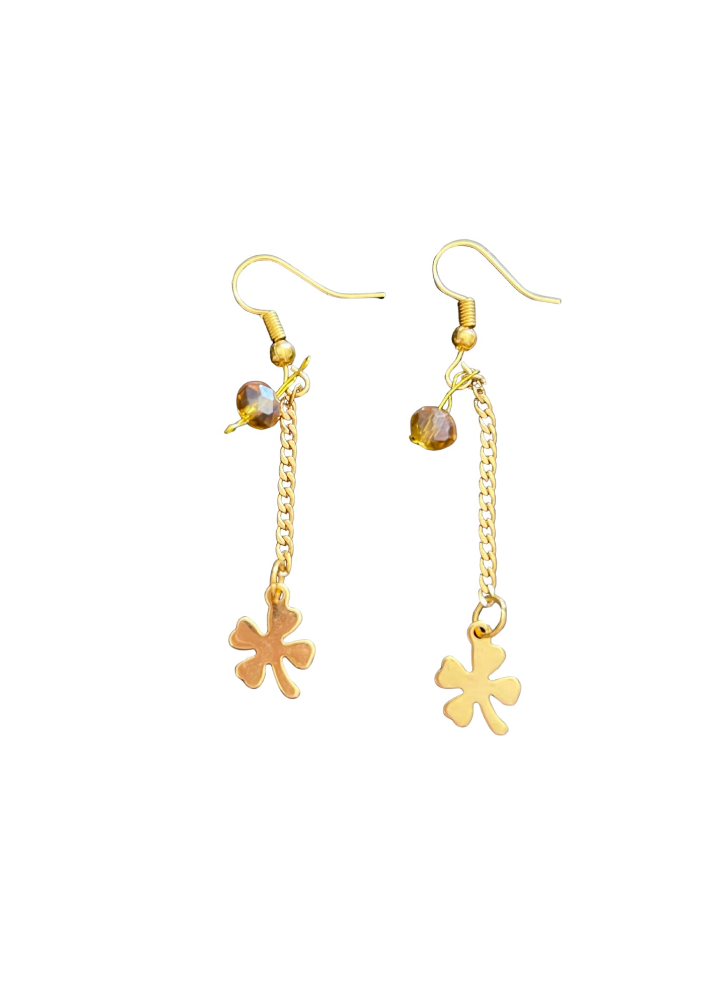 Boucles d'Oreilles Plaquées Or Trèfle et Cristal Ambré